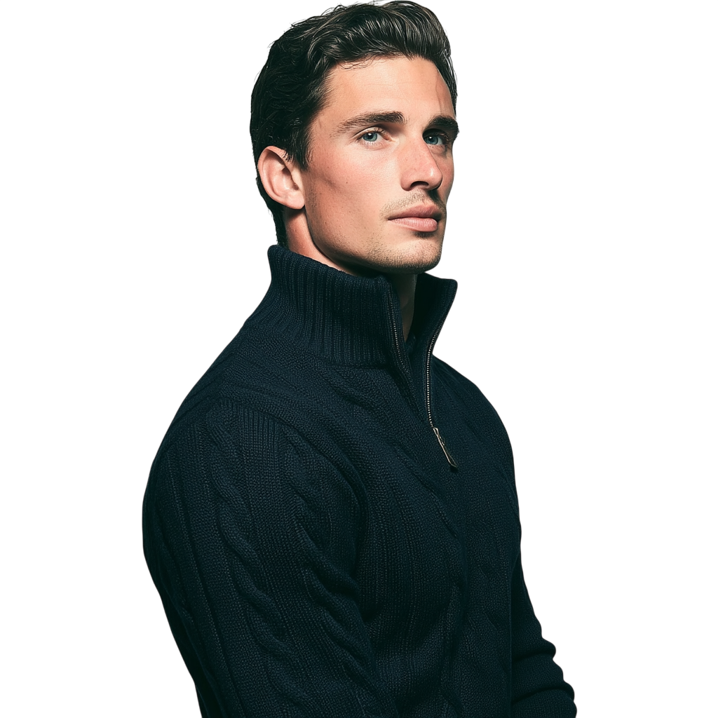 Granatowy męski sweter z dzianiny warkoczowej, kołnierz typu stójka, zamek 1/4, klasyczny krój