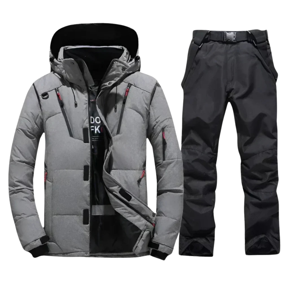Dwuczęściowy komplet narciarski męski: kurtka i spodnie w kolorze szarym.