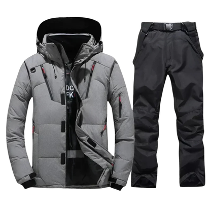 Dwuczęściowy komplet narciarski męski: kurtka i spodnie w kolorze szarym.