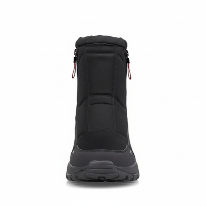 Widok z przodu pojedynczego modelu Arkadya Outlet Męskie buty zimowe średnia wysokość wodoodporna izolacja z wytrzymałą podeszwą, wyściełaną cholewką, izolowaną podszewką i widocznymi suwakami, wyświetlane na białym tle.