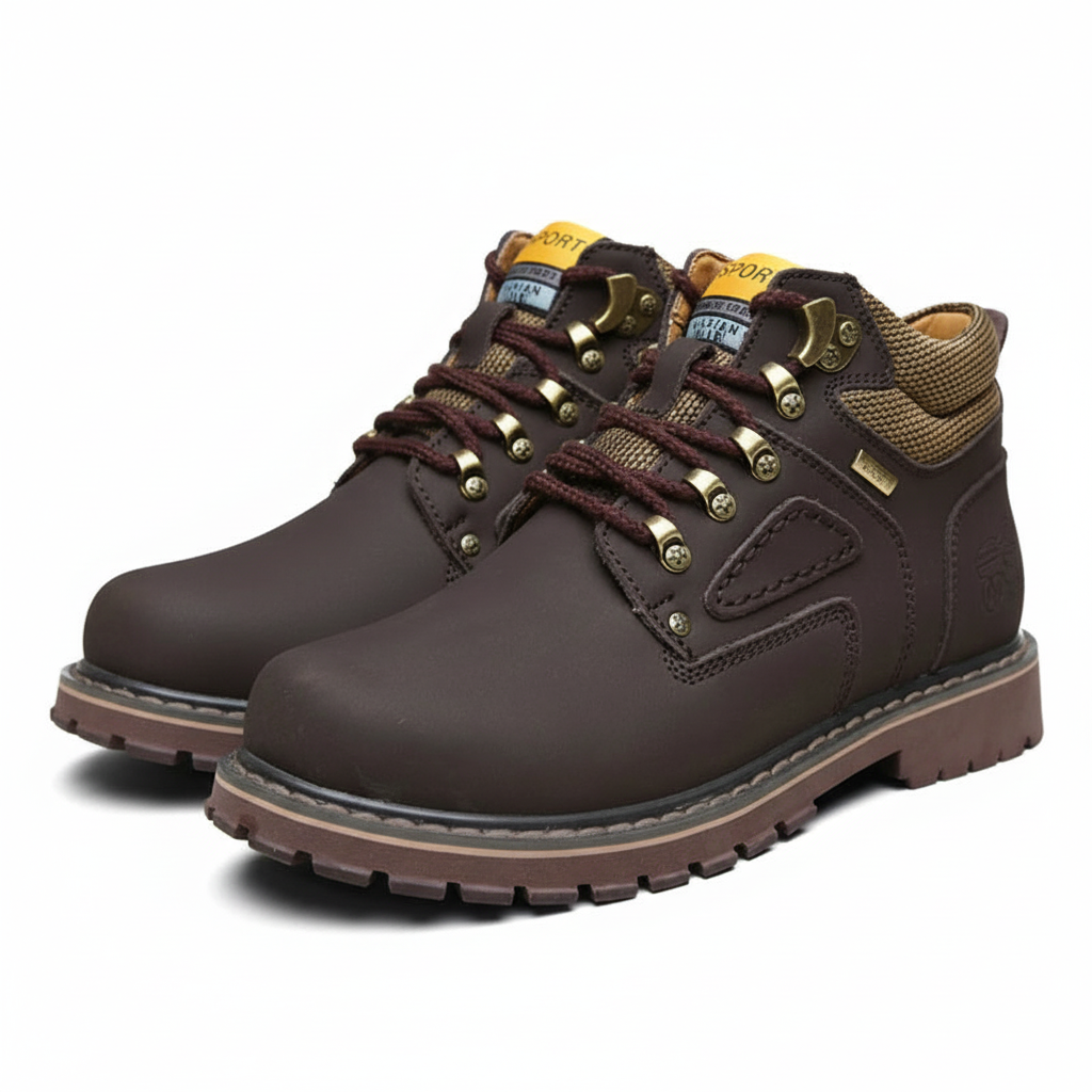 Para męskich butów Arkadya Outlet zimowe wodoodporne ocieplane obuwie na chłodne dni, z grubymi gumowymi podeszwami, metalowymi oczkami, bordowymi sznurowadłami i brązowymi wyściełanymi kołnierzami, są umieszczone obok siebie na białym tle.