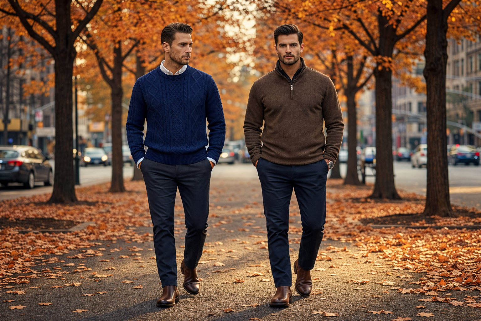 Dwóch mężczyzn idzie ulicą miasta wysadzaną jesiennymi drzewami i opadłymi liśćmi. Obaj mają na sobie swetry, spodnie i buty, a wzdłuż nich zaparkowane są samochody. Scena przedstawia stylowy, rześki jesienny dzień.