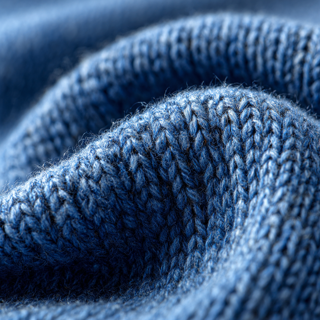 Zbliżenie na niebieską dzianinę, ukazujące szczegółową teksturę i włókna z miękkimi falami i krzywiznami. Ściegi dzianiny są wyraźnie widoczne, tworząc przytulny i przyjemny w dotyku wygląd.