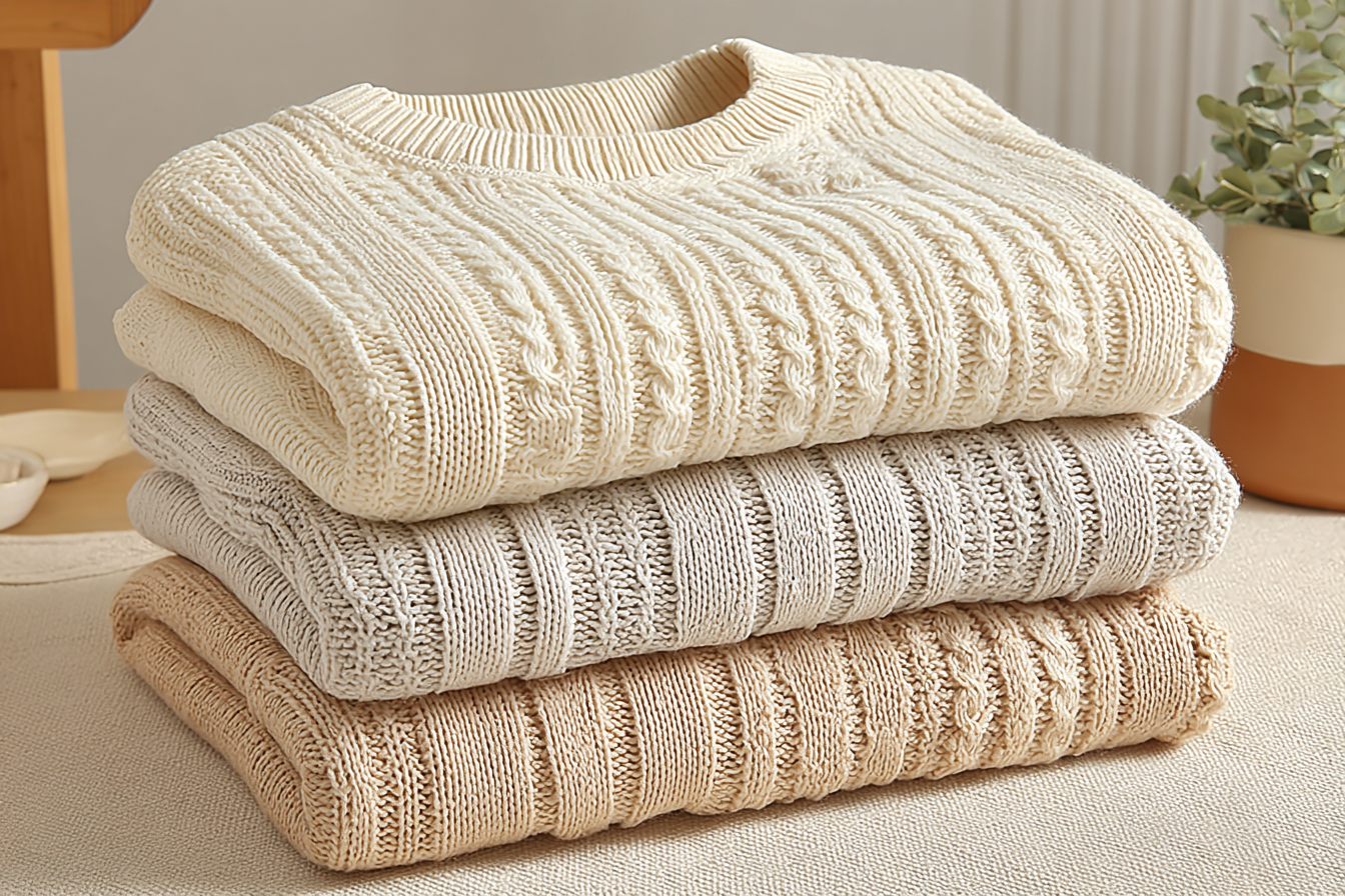 Trzy starannie złożone swetry z dzianiny w kolorze kremowym, jasnoszarym i beżowym są ułożone na beżowej powierzchni, z widoczną małą zieloną rośliną doniczkową i jasnym tłem.