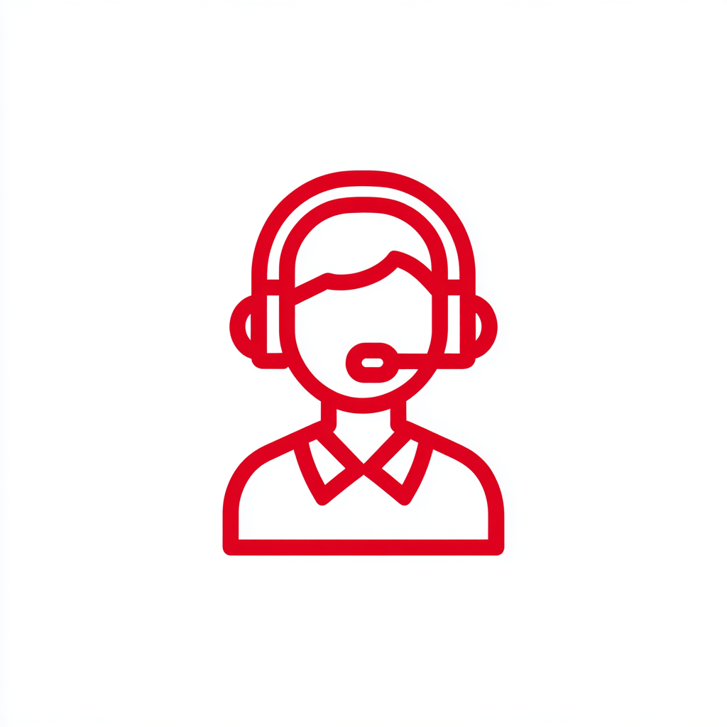 Rysunek czerwonej linii osoby noszącej zestaw słuchawkowy z mikrofonem, sugerujący obsługę klienta lub przedstawiciela call center, na białym tle.
