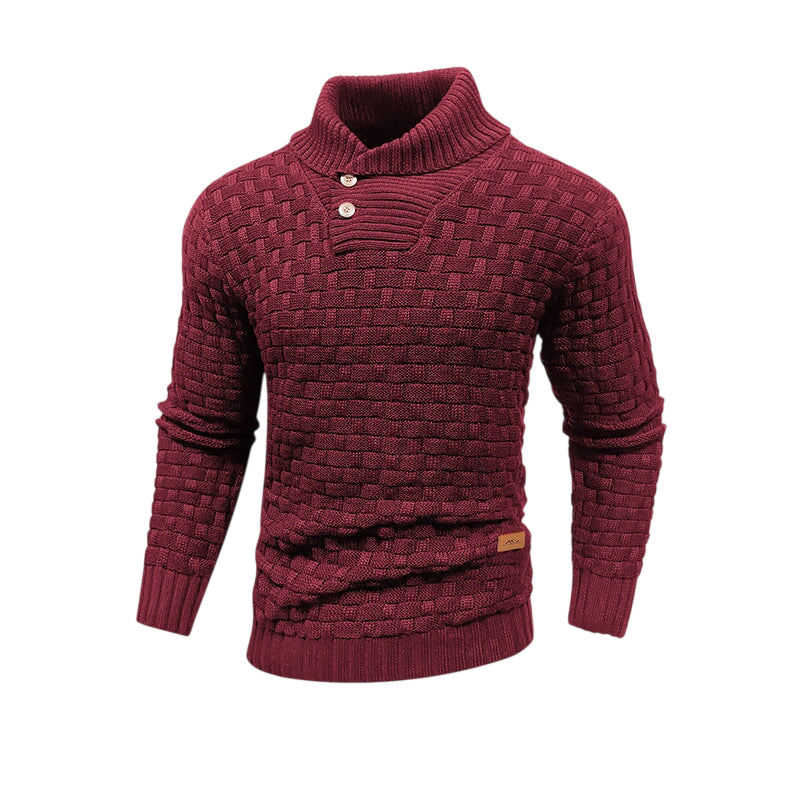 Arkadya Outlet Sweter męski teksturowana powierzchnia regularny krój na zimę ma bordowy teksturowany wzór w kratkę, długie rękawy, szalowy kołnierz i dwa guziki przy dekolcie - idealne na chłodne dni, pokazane na gładkim jasnoszarym tle.