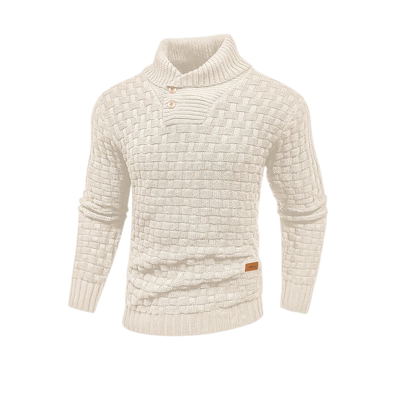Arkadya Outlet Sweter męski teksturowana powierzchnia regularny krój na zimę to kremowy sweter z długim rękawem, szalowym kołnierzem, dwoma guzikami pod szyją i fakturą w kratkę - idealny na chłodne dni.