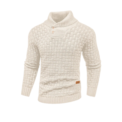 Arkadya Outlet Sweter męski teksturowana powierzchnia regularny krój na zimę to kremowy sweter z długim rękawem, szalowym kołnierzem, dwoma guzikami pod szyją i fakturą w kratkę - idealny na chłodne dni.