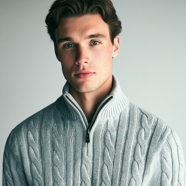 Szary męski sweter z dzianiny o wzorze warkoczowym, zamek 1/4, stójka i długi rękaw