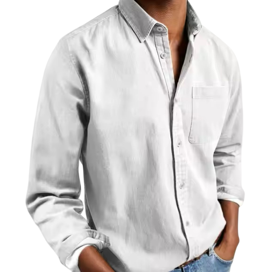 Mężczyzna w białym Arkadya Outlet koszula męska klasyczny krój prosta linia regularna długość.