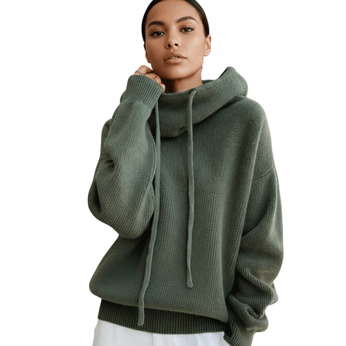 Bluza damska z kapturem i kominowym dekoltem – swobodny krój, regulowany sznurek - Arkadya Outlet - Women Hoodie