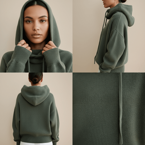 Bluza damska z kapturem i kominowym dekoltem – swobodny krój, regulowany sznurek - Arkadya Outlet - Women Hoodie