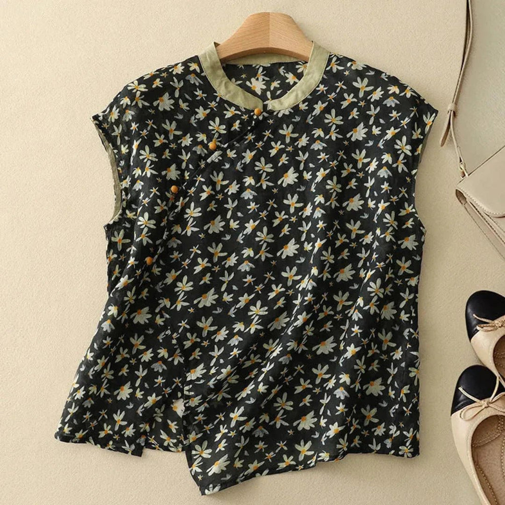 Bluzka Damska Bez Rękawów Stójka Listwa Guzikowa - Arkadya Outlet - Women Blouse