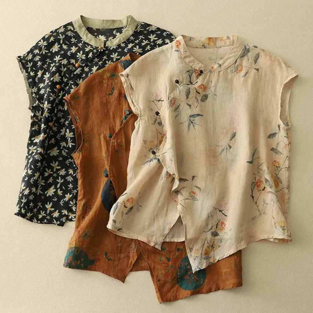 Bluzka Damska Bez Rękawów Stójka Listwa Guzikowa - Arkadya Outlet - Women Blouse
