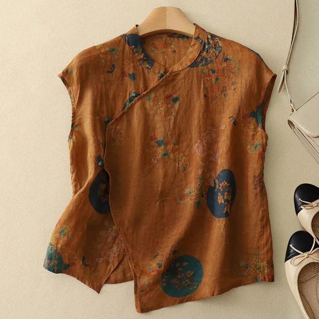 Bluzka Damska Bez Rękawów Stójka Listwa Guzikowa - Arkadya Outlet - Women Blouse
