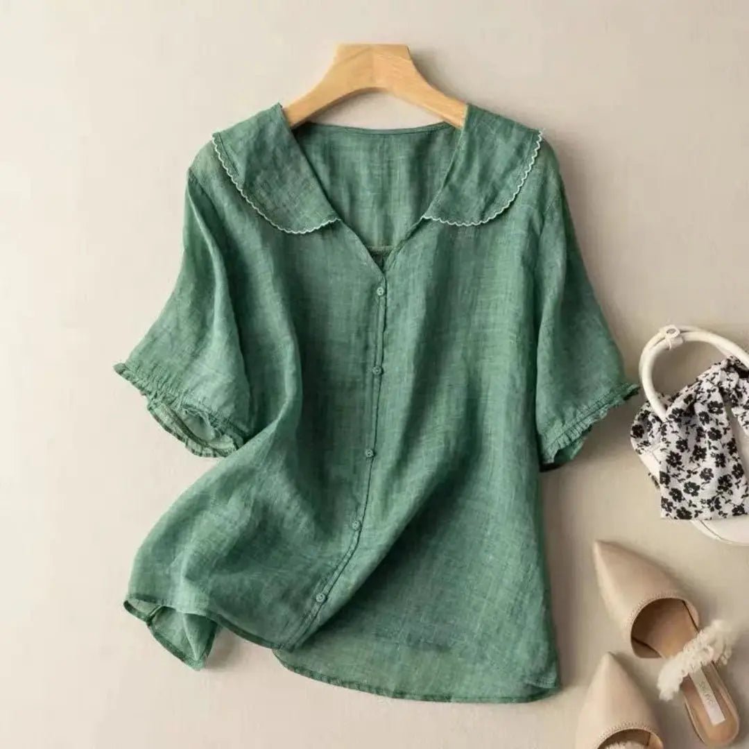 Bluzka Damska Lniana Luźny Krój Dekolt V Falowany Dół - Arkadya Outlet - Women Blouse