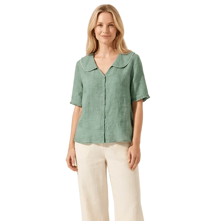 Bluzka Damska Lniana Luźny Krój Dekolt V Falowany Dół - Arkadya Outlet - Women Blouse