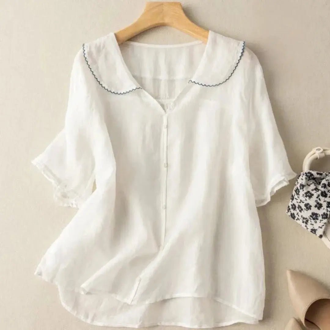 Bluzka Damska Lniana Luźny Krój Dekolt V Falowany Dół - Arkadya Outlet - Women Blouse