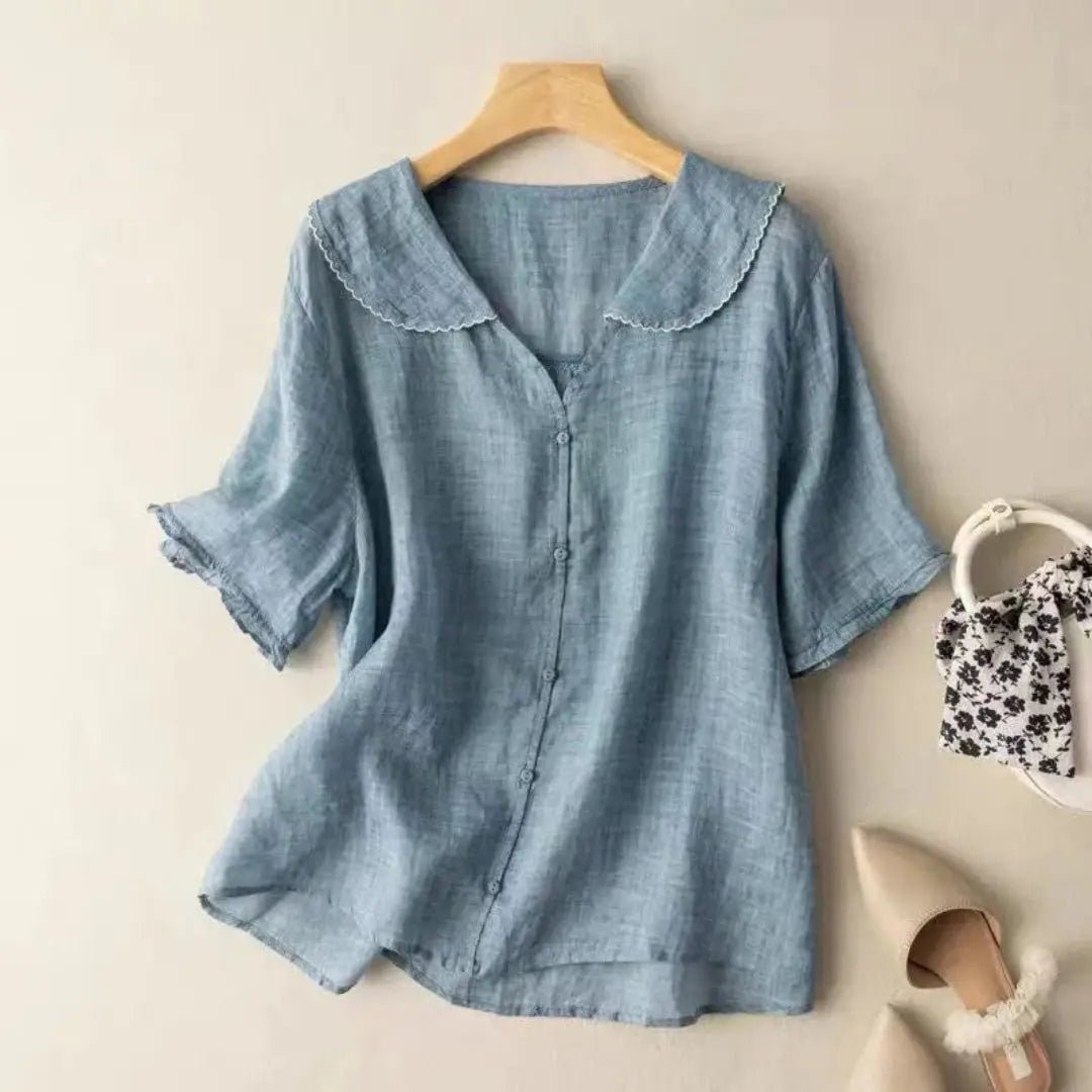 Bluzka Damska Lniana Luźny Krój Dekolt V Falowany Dół - Arkadya Outlet - Women Blouse