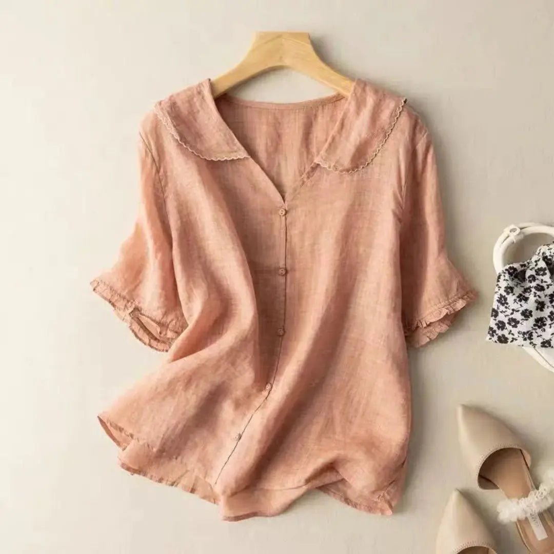 Bluzka Damska Lniana Luźny Krój Dekolt V Falowany Dół - Arkadya Outlet - Women Blouse