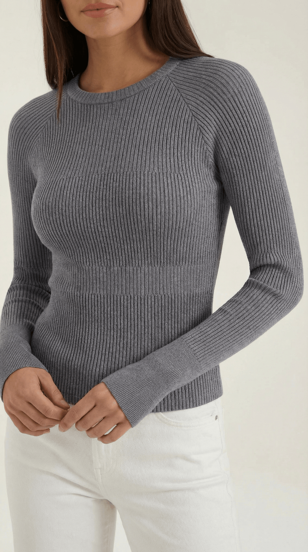 Bluzka damska prążkowana z okrągłym dekoltem - Arkadya Outlet - Women Top