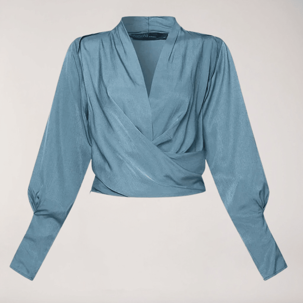 Bluzka damska z dekoltem V i bufiastymi rękawami - Arkadya Outlet - Women Blouse