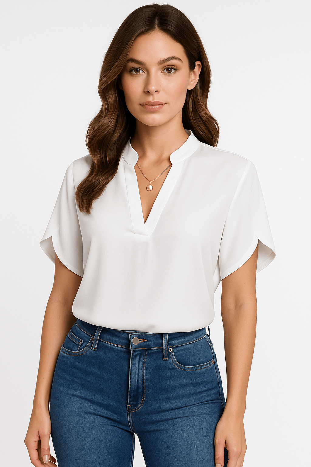 Bluzka damska z dekoltem V i stójką - Arkadya Outlet - Women Blouse