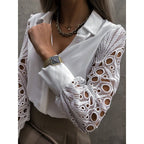 Bluzka damska z kołnierzem i ażurowymi rękawami - Arkadya Outlet - Women Blouse