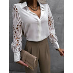 Bluzka damska z kołnierzem i ażurowymi rękawami - Arkadya Outlet - Women Blouse