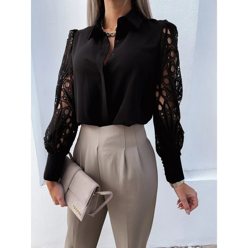 Bluzka damska z kołnierzem i ażurowymi rękawami - Arkadya Outlet - Women Blouse