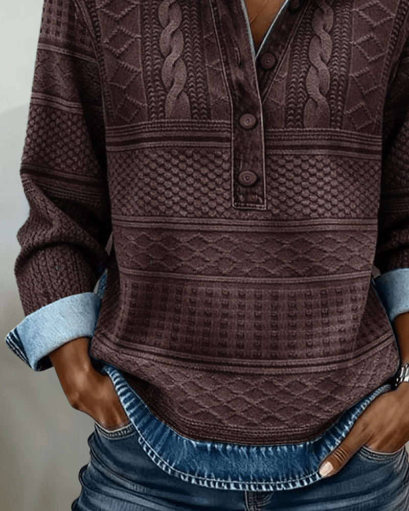 Damska Bluza | Splot Warkoczowy z Półrozpinanym Dekoltem - Arkadya Outlet - Sweaters