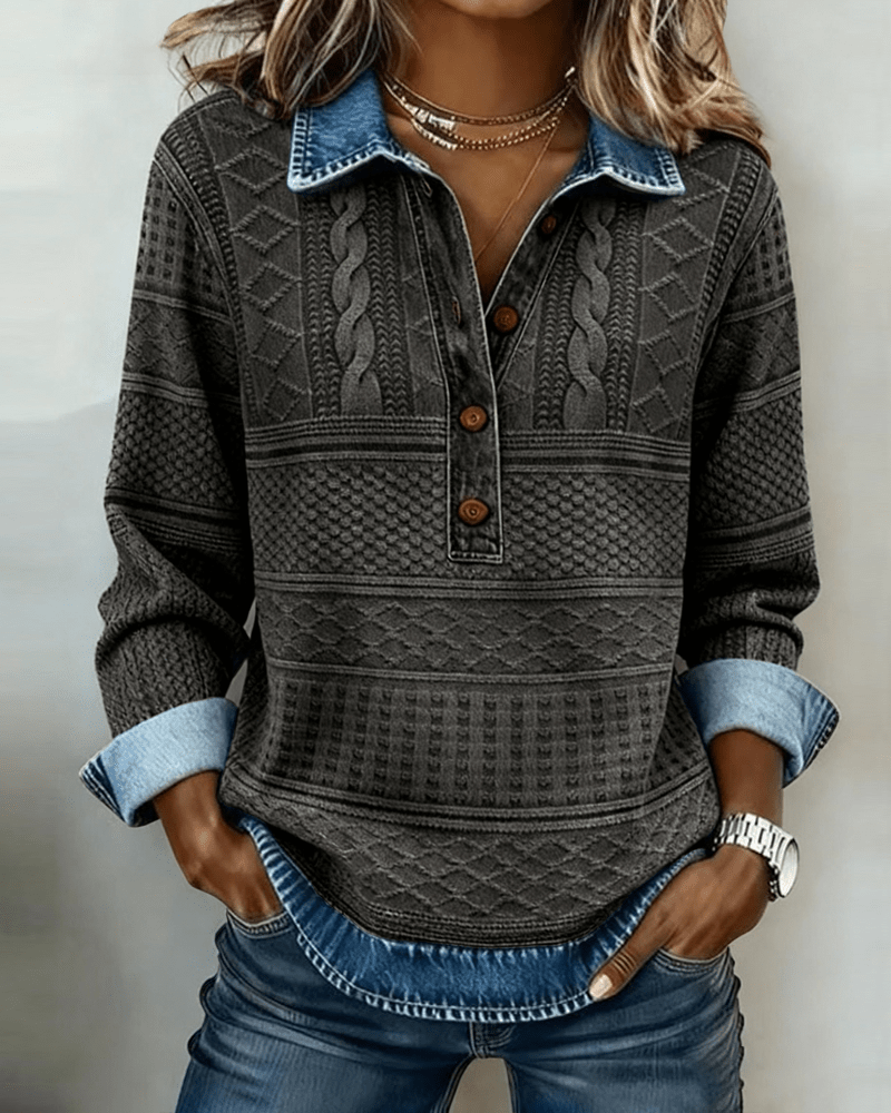 Damska Bluza | Splot Warkoczowy z Półrozpinanym Dekoltem - Arkadya Outlet - Sweaters
