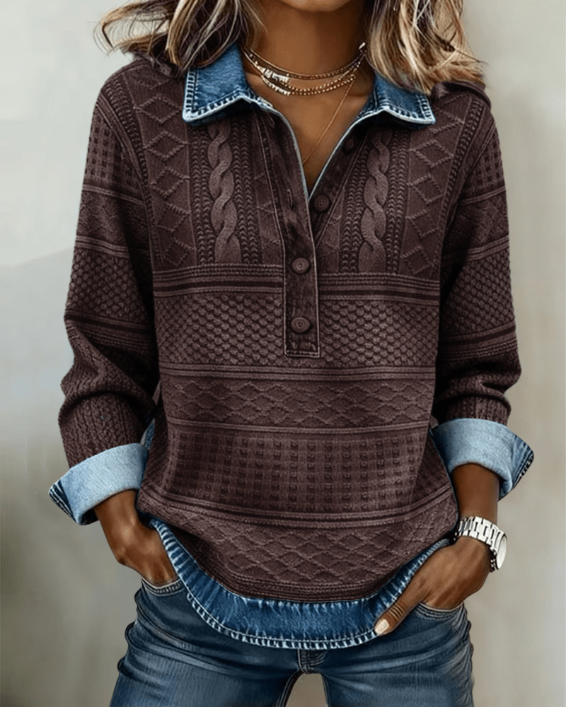 Damska Bluza | Splot Warkoczowy z Półrozpinanym Dekoltem - Arkadya Outlet - Sweaters