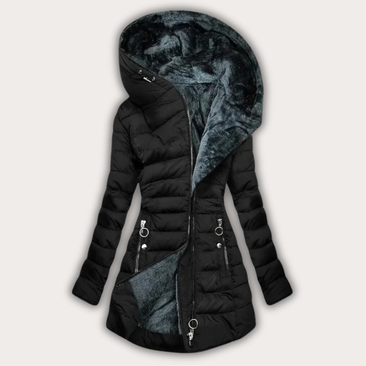 Damska Kurtka Puchowa | Asymetryczny Zamek i Kaptur - Arkadya Outlet - Jackets