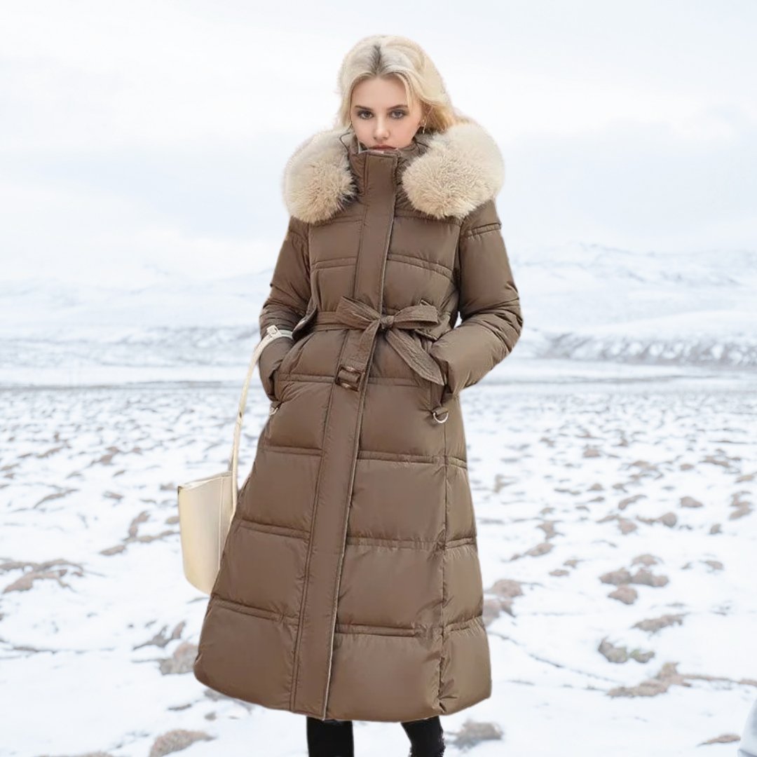 Damska Kurtka Puchowa | Długa z kapturem z futerkiem - Arkadya Outlet - Jackets