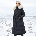 Damska Kurtka Puchowa | Długa z kapturem z futerkiem - Arkadya Outlet - Jackets