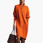 Damska Sukienka Midi | Oversizowy krój z golfem i guzikami - Arkadya Outlet - Dresses