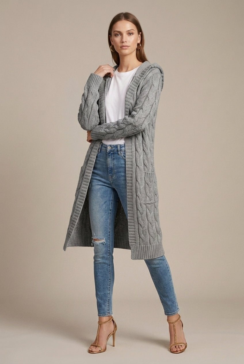 Damski Kardigan | Długi krój z kapturem i kieszeniami - Arkadya Outlet - Cardigans