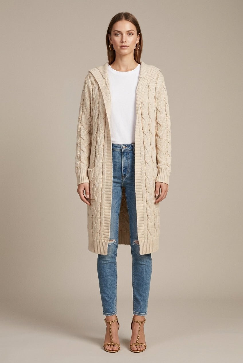 Damski Kardigan | Długi krój z kapturem i kieszeniami - Arkadya Outlet - Cardigans