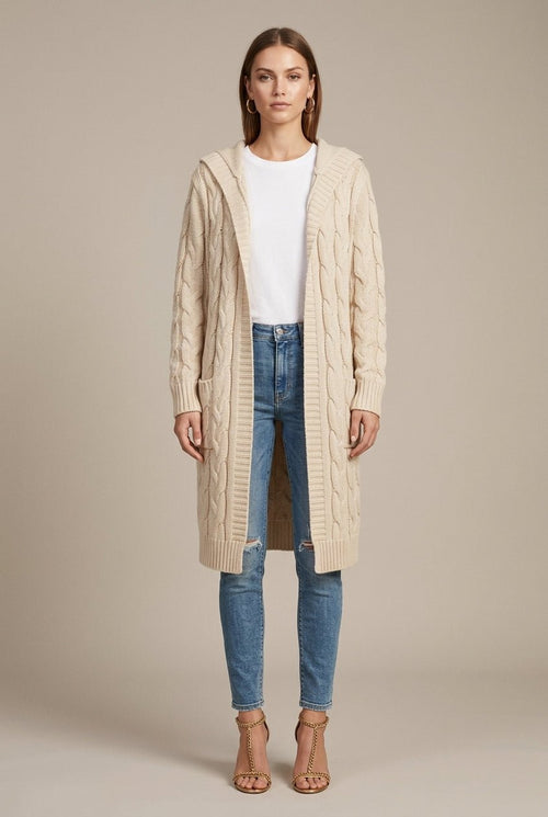 Damski Kardigan | Długi krój z kapturem i kieszeniami - Arkadya Outlet - Cardigans