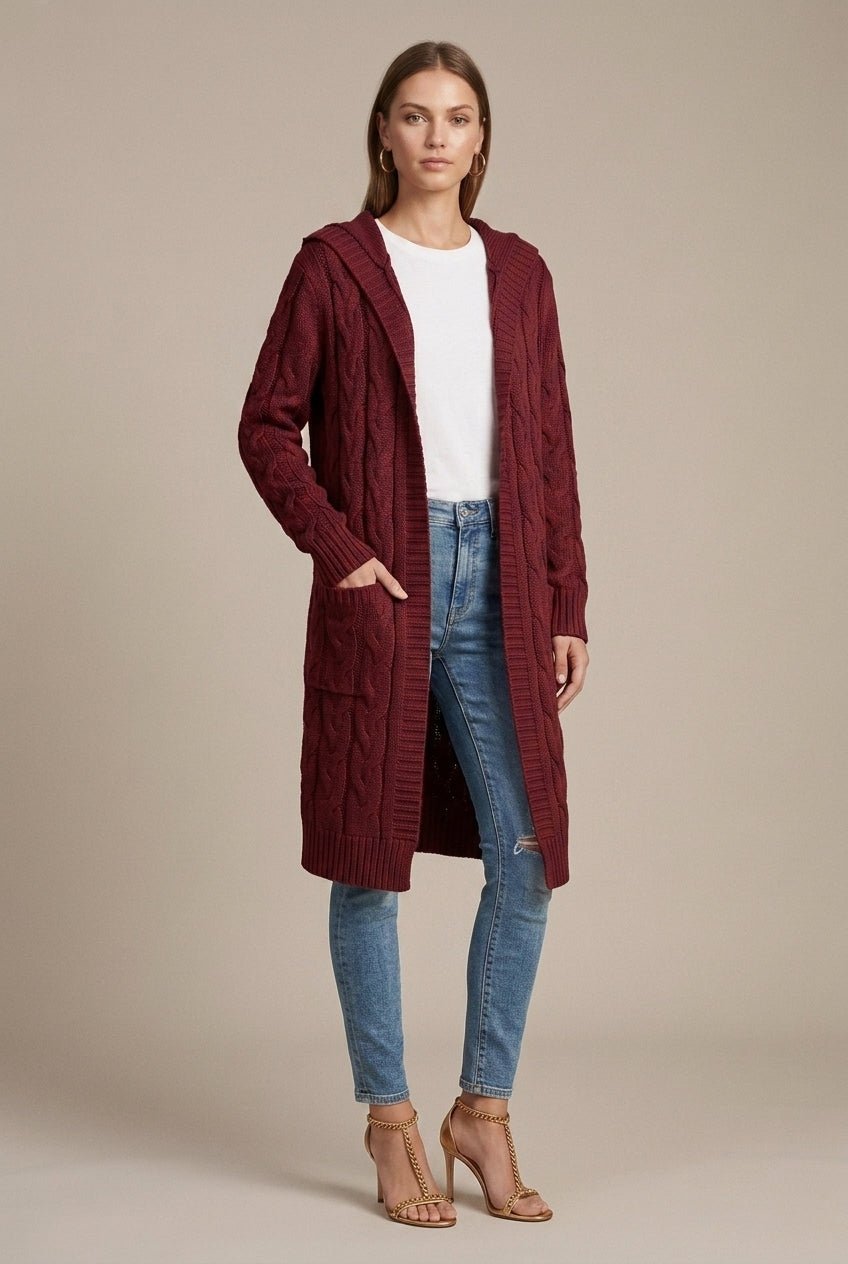 Damski Kardigan | Długi krój z kapturem i kieszeniami - Arkadya Outlet - Cardigans