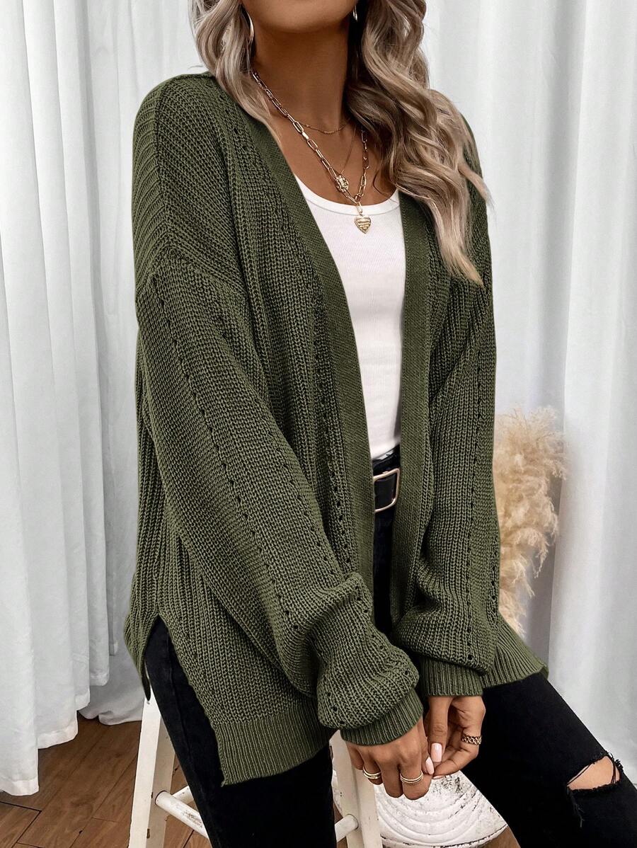 Damski Kardigan | Luźny krój z fakturą pointelle i rozcięciami - Arkadya Outlet - Cardigans