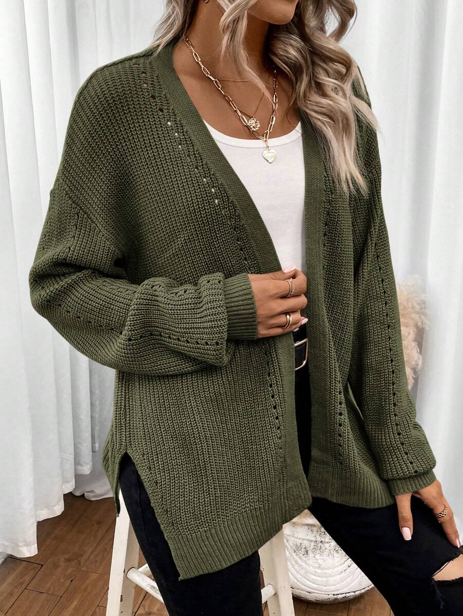 Damski Kardigan | Luźny krój z fakturą pointelle i rozcięciami - Arkadya Outlet - Cardigans