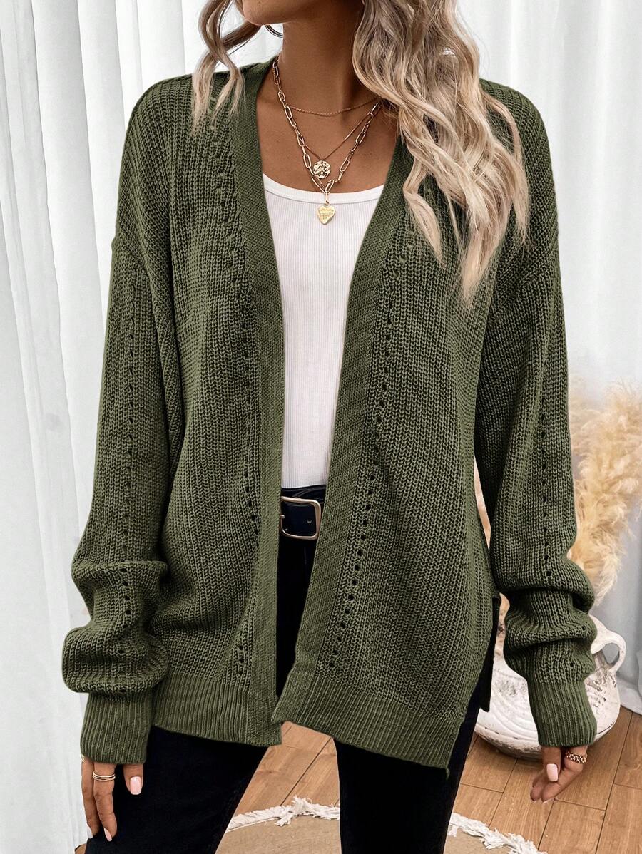 Damski Kardigan | Luźny krój z fakturą pointelle i rozcięciami - Arkadya Outlet - Cardigans