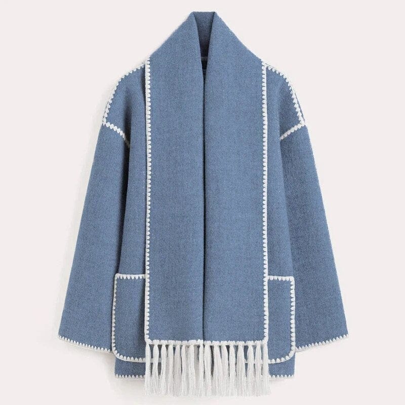 Damski Płaszcz | Luźny krój z wbudowanym frędzlowym szalem - Arkadya Outlet - Coats