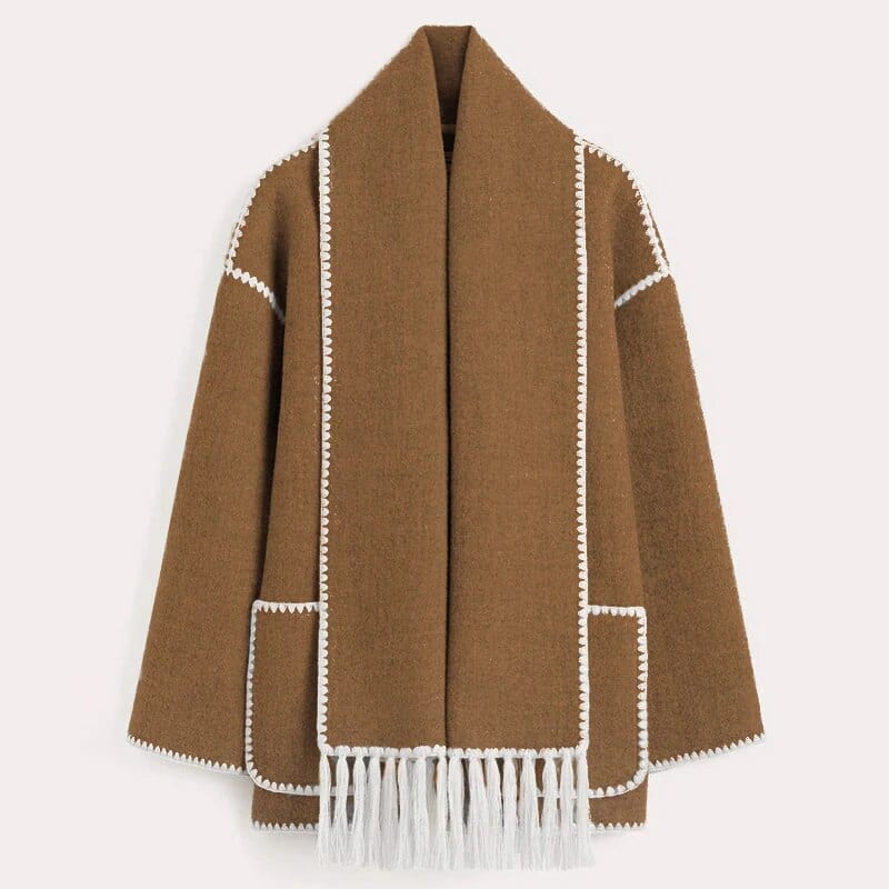 Damski Płaszcz | Luźny krój z wbudowanym frędzlowym szalem - Arkadya Outlet - Coats