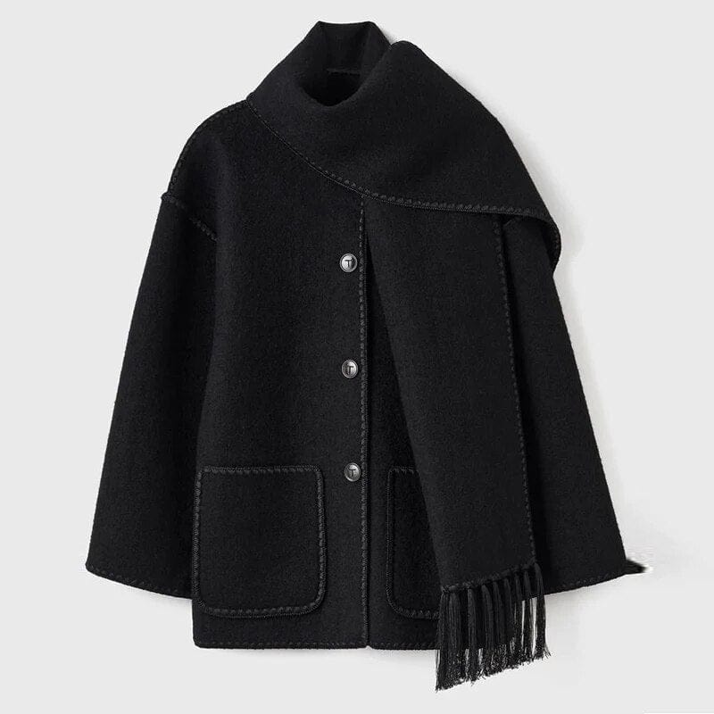 Damski Płaszcz | Luźny krój z wbudowanym frędzlowym szalem - Arkadya Outlet - Coats