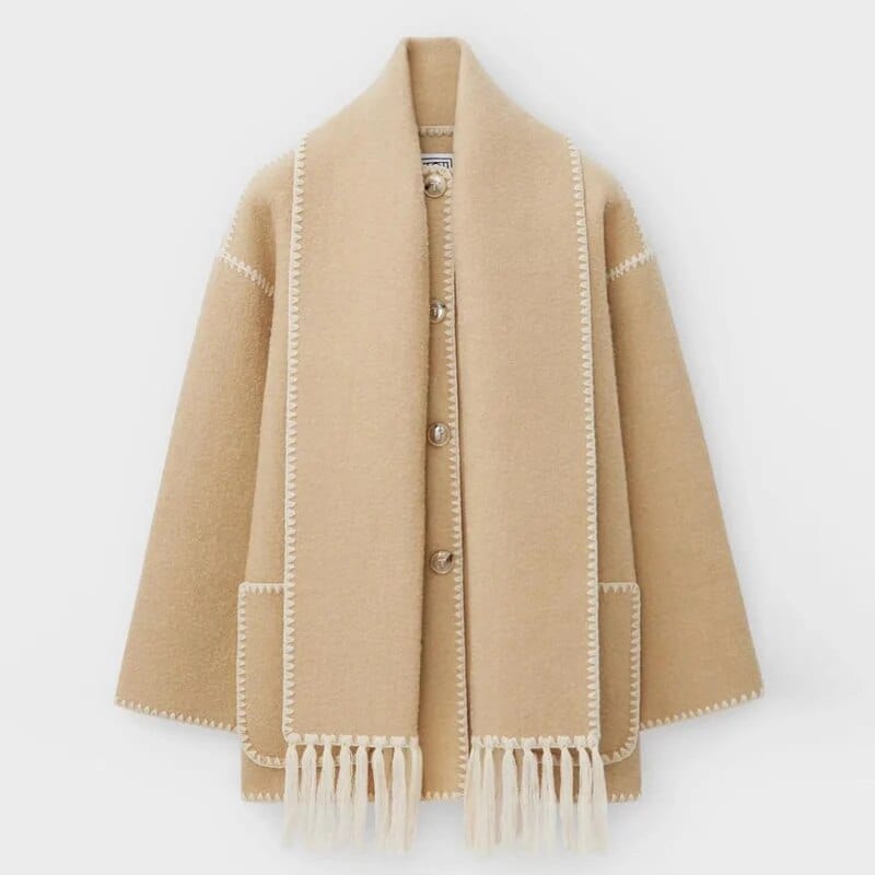 Damski Płaszcz | Luźny krój z wbudowanym frędzlowym szalem - Arkadya Outlet - Coats