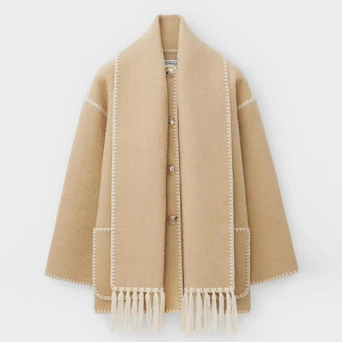 Damski Płaszcz | Luźny krój z wbudowanym frędzlowym szalem - Arkadya Outlet - Coats