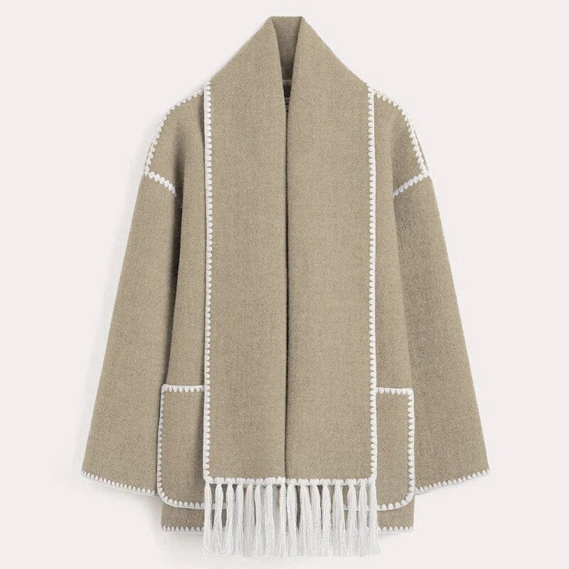 Damski Płaszcz | Luźny krój z wbudowanym frędzlowym szalem - Arkadya Outlet - Coats
